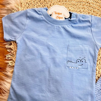 Conj. Camiseta Jacaré no Bolso e Bermuda - Azul